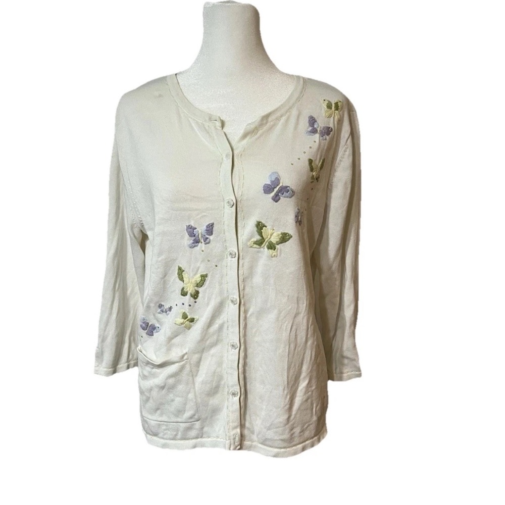 Cardigan Hand Embroidered Butterly White Pastels Floral Buttons Sz Large Granny